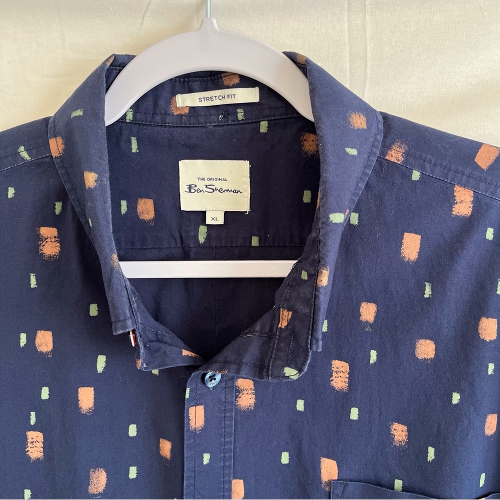 Ben Sherman The Original Stretch Fit Short Sleeve Button Up Blue Brown Shirt XL - Picture 4 of 11